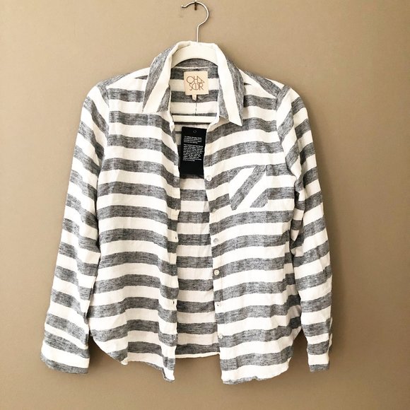 Chaser Striped Cotton Button Down Collared Shirt Grey White S NWT - Picture 2 of 11